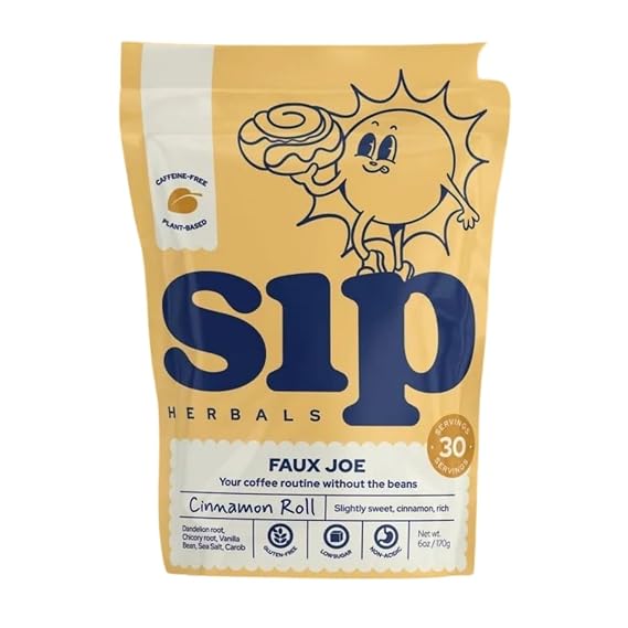 Sip Herbal Caffeine-Free Coffee Alternative - Organic Dandelion Root Tea with Chicory & Carob - Rich Herbal Coffee Substitute in Cozy Cinnamon Roll Flavor - 30 Servings for Daily Wellness