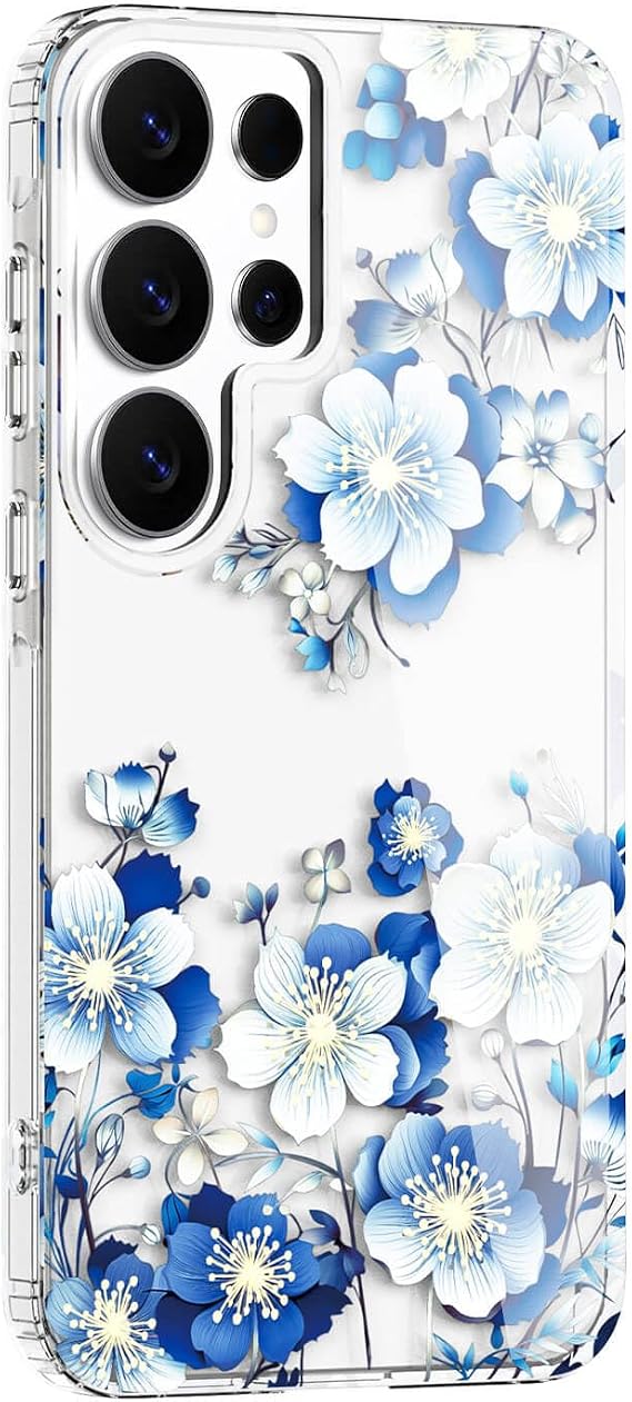 S26 Ultra ケース フラワー クリア、スタイリッシュ&耐久性 花柄カバー、TPU バンパー 耐衝撃+ PC 背面保護、かわいい、スリム & 軽量 Samsung Galaxy S26 Ultra ケースブルー