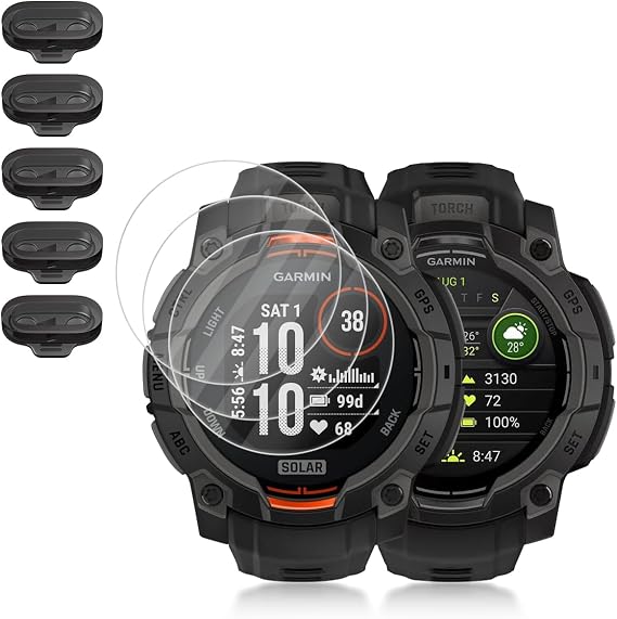 Orzero (3+5 Compatible for Garmin Instinct 3 Solar 45mm/AMOLED 45mm, 3 Pack Watch Screen Protector + 5 Pack Black Dust Plug, Tempered Glass Anti-Scratch TPU Charger Port Anti Dust Caps Cover