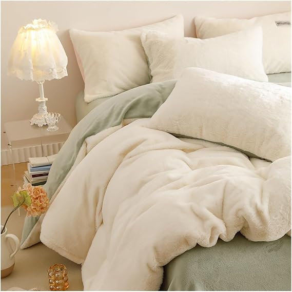 Winter Warm Flannel Duvet Cover Set 4 Pieces Velvet Soft Bedding Thermal Comfort Hotel Style(White and Green,200 * 230cm/79 * 91in)
