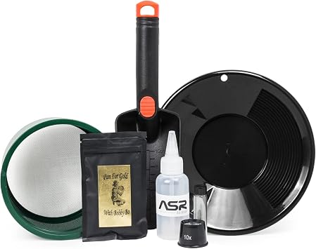 ASR Outdoor 7pc Starter Gold Panning Kit Beginner Prospecting Equipment with Paydirt, Black