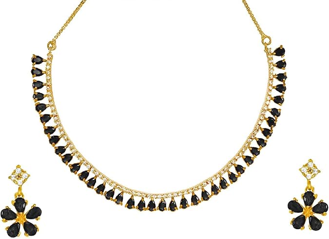 Jewar Indian Necklace Set AD CZ Elegant Gold Plated Sparkling Crystals Choker with Earrings Jewelry for Women | Traditional Ethnic Wear | Perfect for Weddings, Festivals, Parties, and Gifts