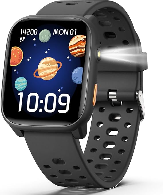 Kids Smart Watch with Puzzle Games, 1.83" Kids Watches Heart Rate, Sleep Monitor, Pedometer, Alarm Clock, Flashlight, Gift for 6-16 Year Old Boys Girls Toys (Black)