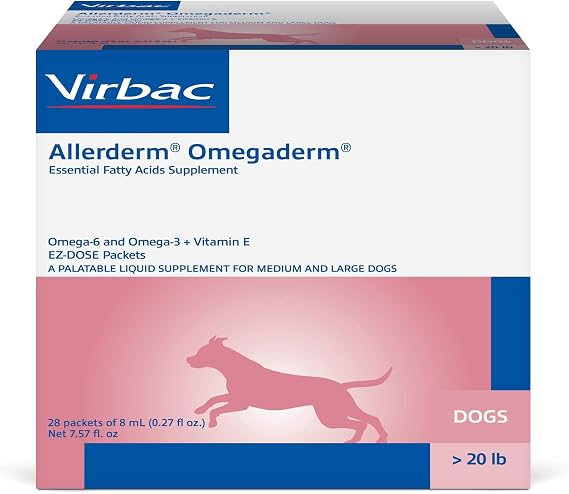 Allerderm Omegaderm Essential Fatty Acids Supplement for Medium/Large Dogs | Omega 3 and omega 6, vitamin E, daily supplement supports allergy relief and healthy skin and hair coat in dogs