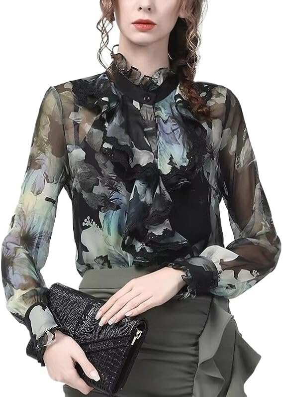 Ruffles Chiffon Floral Blouse Women Spring Summer Long Sleeve Ruffled Collar Tops Loose Casual Female Shirts