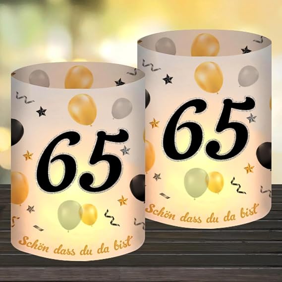 12 Windlicht Tischdeko 65 Geburtstag Happy Birthday Tischdeko 65. Geburtstag Frauen Deko 65Geburtstag Frau Mann Geeignet für Teelichter oder Kerzen mit Schön DASS Du Da Bist und Eukalyptus [Energieklasse A+]