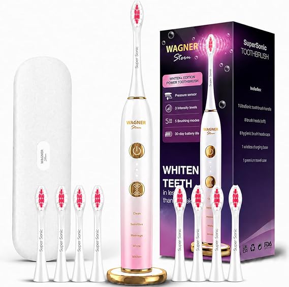 Wagner Stern WHITEN+ Electric Toothbrush, 48,000 VPM, Pressure Sensor, 5 Modes, 8 Brush Heads, Travel Case