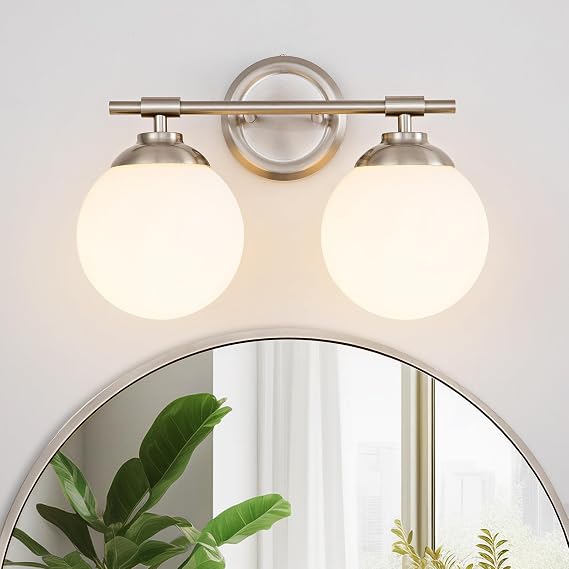 2-Light Nickel Bathroom Vanity Light Fixtures with White Glass Shade | 15 Inch Bathroom Light Fixtures Over Mirror for Bathroom E26 Socket (Bulbs Not Included)