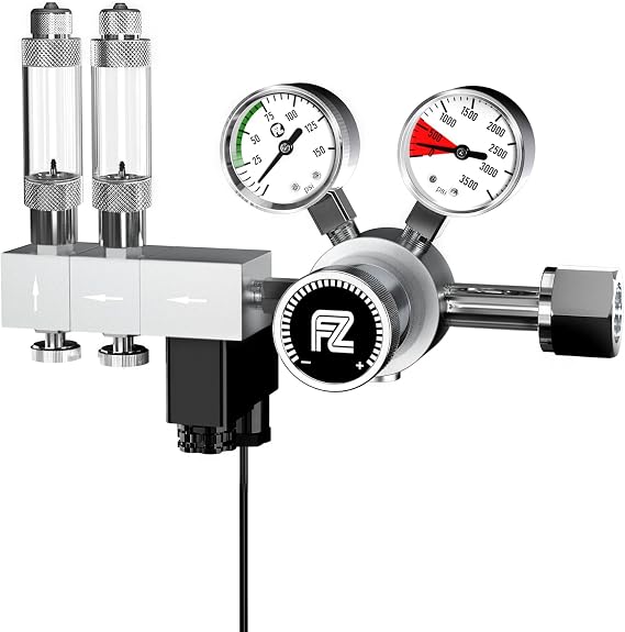 FZONE Pro Series Aquarium Dual Stage CO2 Regulator Adjustable Output Pressure with DC Solenoid and Integrated High Precision Needle Valve and Bubble Counter | with DC Solenoid and Integrated High Precision Needle Valve and Bubble Counter