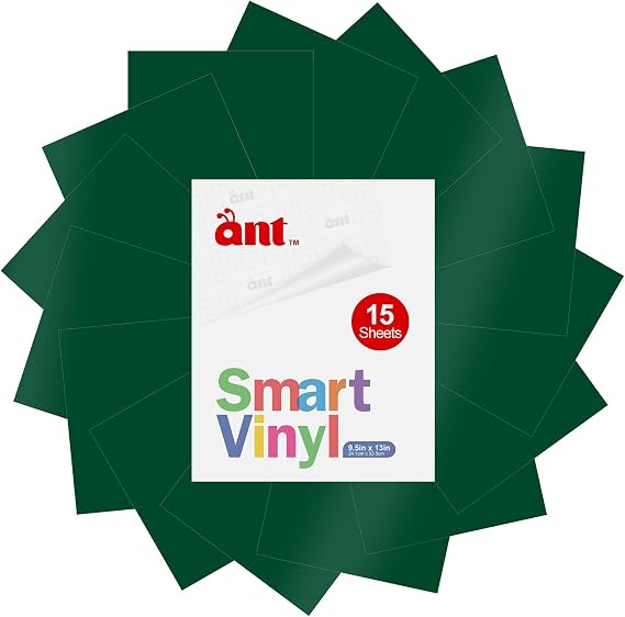 ANT Smart Vinyl - Dark Green 13 x 9.5 15 Sheets Smart Outdoor Permanent Vinyl Pack - Self Adhesive for Party Decoration, Sticker, DIY Mug, Home Decal (15, Dark Green)