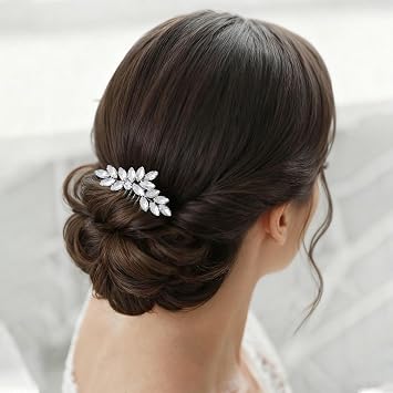 Foyte Crystal Bride Wedding Hair Comb Rhinestone Headpieces Leaf Side Hair Combs for Women and Bride (Silver)
