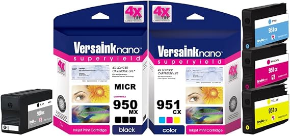 VersaInk-Nano HP 950 MX Black MICR Ink Cartridge for Check Printing & 951 CX Color Cartridge