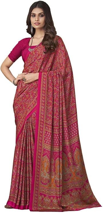 SIRIL Women's Floral Printed Silk Crepe Saree with Unstitched Blouse Piece(2858S2464_Dark Pink)