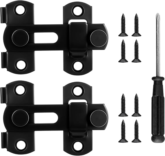 2 Pack Barn Door Lock 180 Degree Sliding Barn Door Locks Black Stainless Steel Latch Lock Flip Gate Latch Safety Bolt with Screwdriver for Garage, Window, Garden, Pet Door, Closet Door