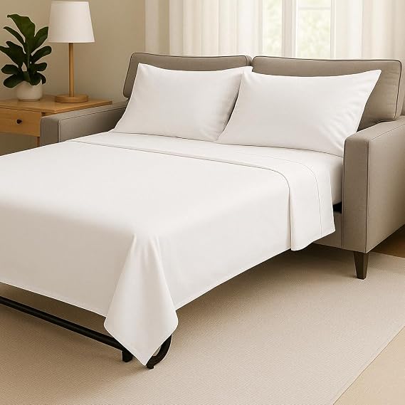 Queen Size Sleeper Sofa Bed Sheet Set, 4 PC Extra Soft 100% Egyptian Cotton Sheets Fits Up to 8" Deep Mattress, Breathable & Snug Fit Bedding, Machine Washable, White Solid