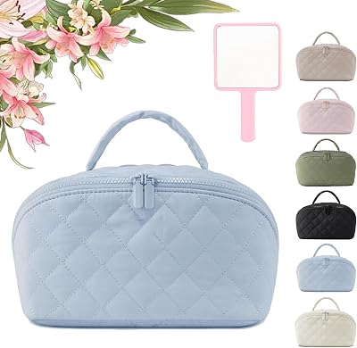 Travel Makeup Bag, Pouch Open Flat Small Toiletry Bags with Brush Compartment, Large Capacity with Compartments