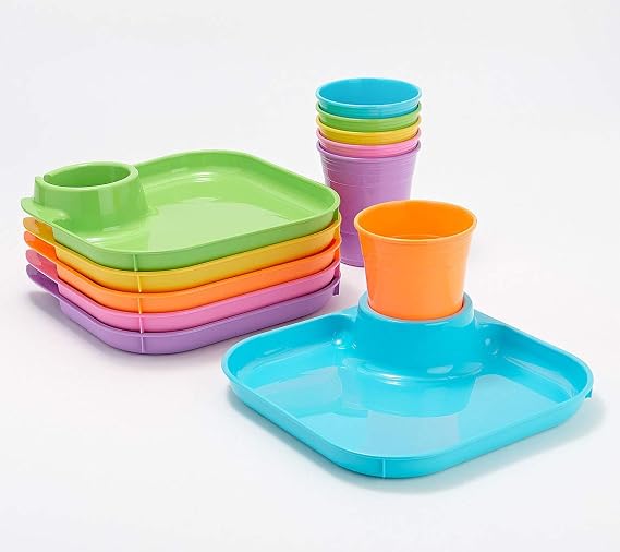 Great Plate Reusable Plastic Plates for Parties with Built-In Cup Holder - Set of 6 Party Plates and Cups for Kids or Adults for Tailgating BBQ Camping Picnics (Brights, Square)