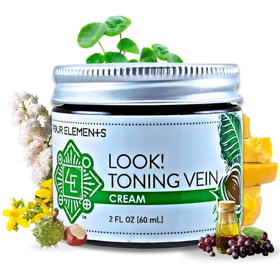 Four Elements 4E Look! Toning Vein Cream, Certified Organic Skincare with Horse Chestnut and Gotu Kola, 2 OZ