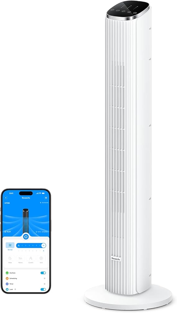 GoveeLife 36 in. White Tower Fan for Bedroom, 5 Modes 8 Speeds up to 25ft/s | Smart Floor Fan with App/Voice Control, Temp Sensor, 29dB Bladeless Oscillating Fan for Office, 24H Timer, Auto Cooling