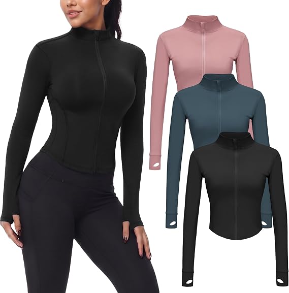 Dalavch 3 Pack Womens Cropped Full Zip up Workout Jacket with Thumb Holes