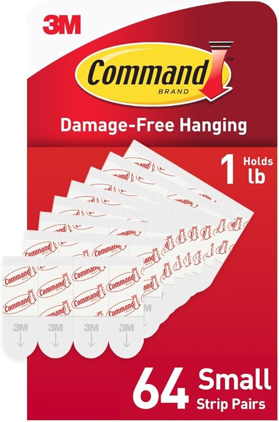 Command Indoor Small Replacement Strips, 64 Strips, Damage-Free Wall Hanging, Re-Hang Small Hooks for Home and Wall Decor, Holds up to 1 lb, White Adhesive