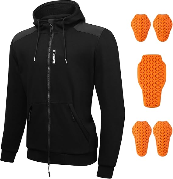 WOSAWE Motorcycle Padded Hoodie Men Fleece Motorbike Jacket with Back Elbow Pads Mesh Lining Quick Dry Biker Sweatshirt