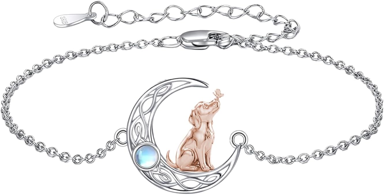 PROESS Rabbit/Cat/Dog/Celtic Knot Moonstone Bracelets 925 Sterling Silver Rose/Daisy/Sunflower Cross Bracelet Moonstone Jewelry Cross Jewelry Presents for Women, 7+2inches