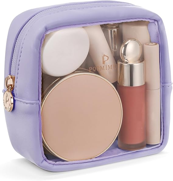Pocmimut Clear Makeup Bag, Easy to Find Mini Makeup Bag for Purse, Travel Makeup Bag for Car, Compact Cosmetic Pouch for Daily Essentials,Purple