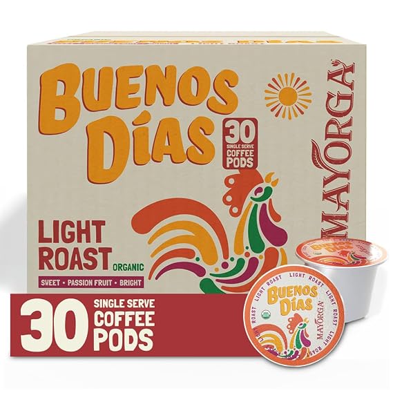 Mayorga Organic Coffee Pods Buenos Dias Light Roast K Cup, Specialty Grade 100% Arabica Single Serve Kcup Pods, Bright Sweet Flavor Low Acidity, USDA Organic Non-GMO, 30 Count