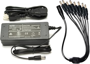 SOLTECH 12V 5A CCTV Adapter, Wisenet Compatible Security Camera Power Supply with 8-Way Splitter, AC DC Converter 100-240V to 12V 5A 60W Transformer, with Samsung Wisenet, Night Owl, Q-See, Black
