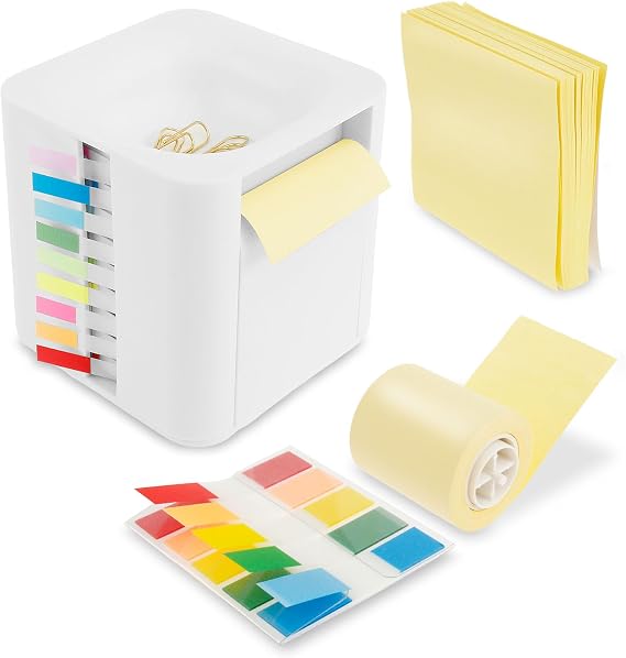 Note Dispenser with Pop-up Notes, Sticky Note Dispenser with Index Stickers and 1 Roll Sticky Notes, White Sticky Note Holder Office Supplies for Office Home Classroom Desk