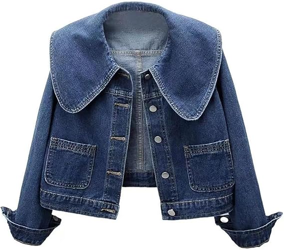 ASHER FASHION Womens Peter Pan Collar Jean Jacket Long Sleeve Cropped Denim Jackets Fall Button Jeans Coat with Pockets