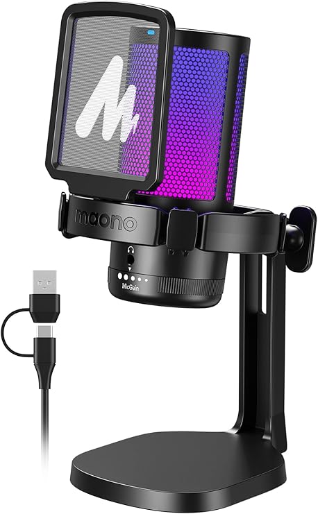 MAONO PC için USB Mikrofon, Sessiz Düğmeli RGB Oyun Mikrofonu, Gürültü Önleyici Kondenser Mikrofon, Akış, Podcast, Kayıt, Sohbet için Kazanç Topuzlu PS5/PS4/Mac, DGM20 ile Uyumlu