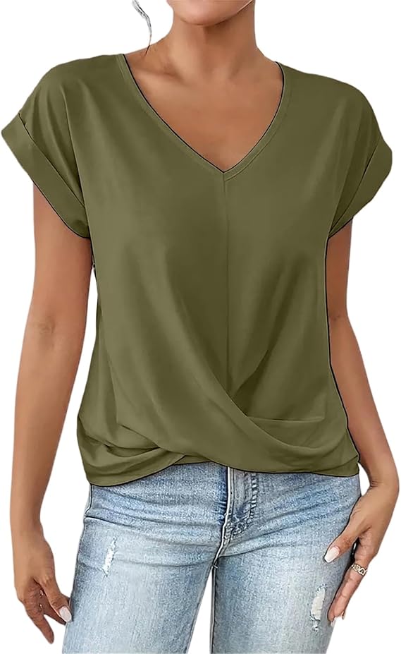 Womens Summer Tops Twist Front Short Sleeve Shirt V Neck Tees Tops Solid Casual Loose Tee Shirts Dolman Sleeve Shirts