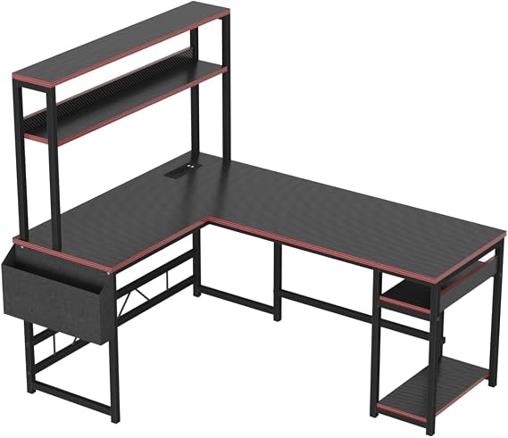 Devoko 160 x 120 cm Gaming Table with Sockets and USB Ports Black Desk with LED Corner Desk Gaming Desk Computer Desk with Storage Steel Frame