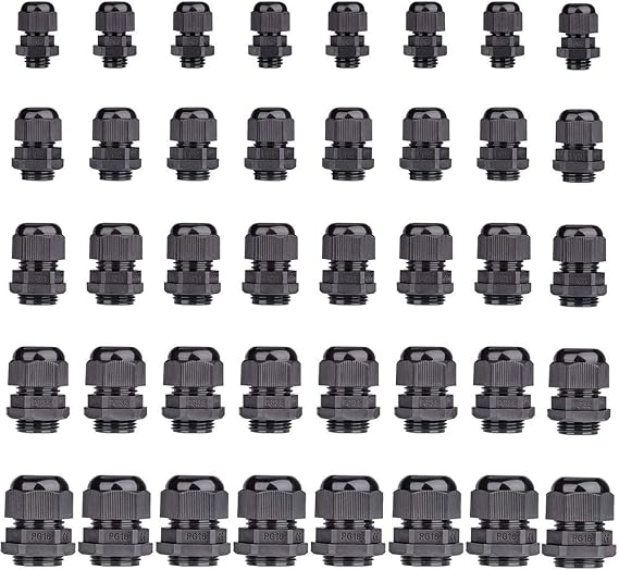 Yesallwas Cable Gland Waterproof IP68 40Pcs Cable Glands Kit Pg7 Pg9 Pg11 Pg13.5 Pg16 (1/4" 1/2" 3/8'') Strain Relief Cord Connector Cable Pass Through Waterproof Wire Grommet