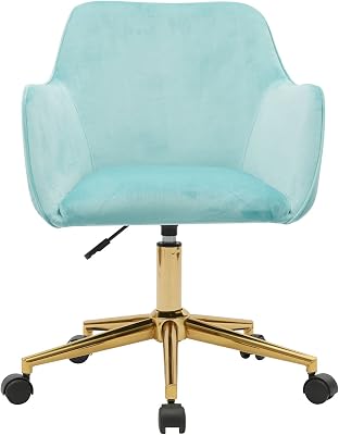 Modern Velvet Home Office Chair, Upholstered Cute Desk Chair with Gold Metal Legs, Adjustable Swivel Task Chair with Wheels, Vanity Chair for Girl Women Small Space Bedroom Study Makeup Light Green