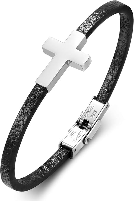 Hisatan Mens Cross Leather Bracelet for Men, Christian Mens Cross Bracelets, Jesus Faith Religious Easter Catholic Communion Baptism Christmas Jewelry Gift for Men