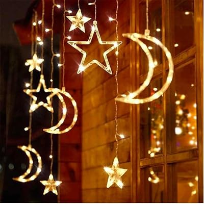 Ay Yıldız Figürlü Perde Led Işık, 3.5 Metre 12 Sarkıtlı Dekoratif Aydınlatma, 8 Fonksiyonlu ve Eklenebilir Fişli, 3200K Günışığı Sarı Ramazan ve Ev Dekoru [Enerji Sınıfı A]