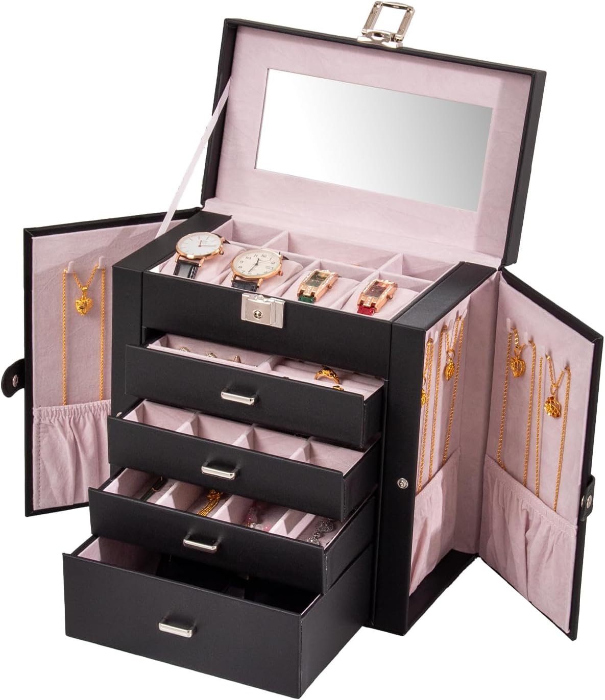6 Tier Jewelry Box, Jewelry Case with 5 Drawers, Large Storage Capacity, with Mirror, Lockable, Jewelry Storage Organizer, Gift for Loved Ones