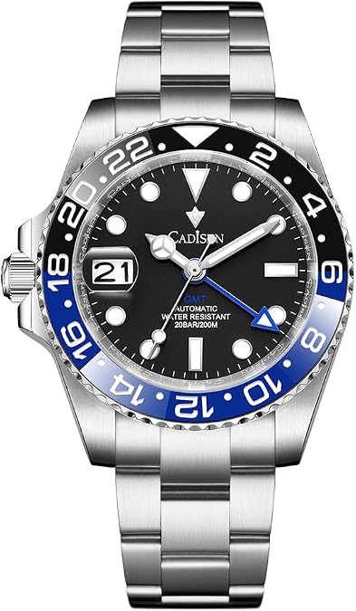 CADISEN Mens Automatic Watch Mechanical GMT Stainless Steel Band Waterproof Casual Watches for Men