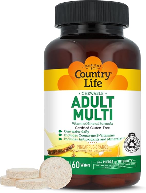 Country Life Adult Chewable Multivitamin, Pineapple Orange, 60 Wafers | 60 servings with coenzyme B vitamins, antioxidants and minerals in one daily wafer; certified gluten free and vegetarian