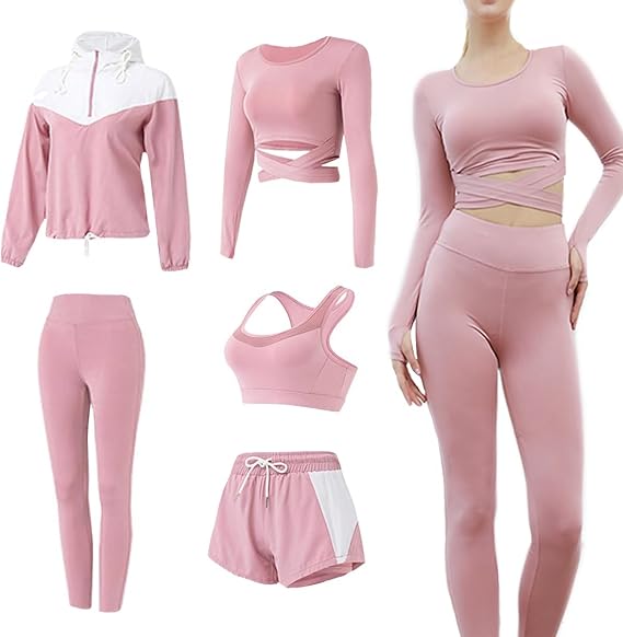 Workout Sets for Women, 5 PCS Gym Athletic Sets Yoga Running Outfits Tracksuit Activewear Sports Clothes