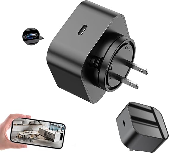 USB-C Charger 170 Wide Angle 1080P HD Charger Camera with Motion Detection, App Remote Control and 24/7 continuou.