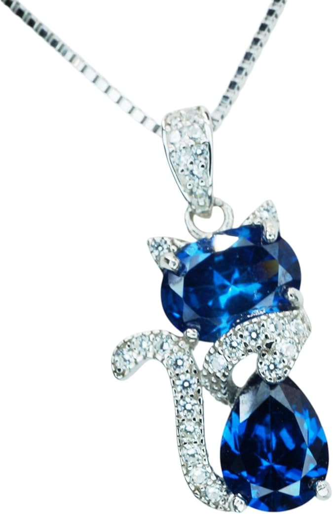 Cat Blue Sapphire Necklace, Kitty Cat Sapphire Pendant Diamond 18KGP@ Sterling Silver Pets Lover Jewelry 16" ~20" adjustable chain #219