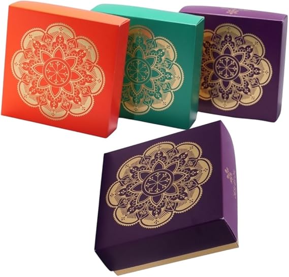DESI BY DIL 5x5x2 Inches Ethnic Printed Favor Boxes Set of 4 for any Occasions, Wedding, Diwali, Return Gifting Combo Set, Housewarming Party Return Gifts