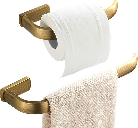 Flybath 2pc Set - Towel Ring and Toilet Roll Holder Brushed Brass Antique | Rust-proof, Sturdy, Vintage Gold Hand Towel Rail Holder, Retro Loo Roll Paper Holder, Bathroom Accessories Wall Mounted