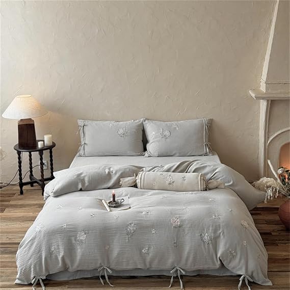 Flowers Embroidery Cottonedding Set Double Queen King Size Duvet Cover,Style Fitted Sheet 1.8MBed