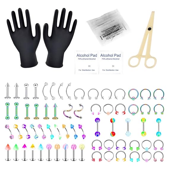 78PCS Body Piercing Kits Stainless Steel Acrylic 14G 16G Labret Lip Cartilage Daith Belly Button Rings Tongue Nose Septum Piercing Jewelry Needles Clamps Tools