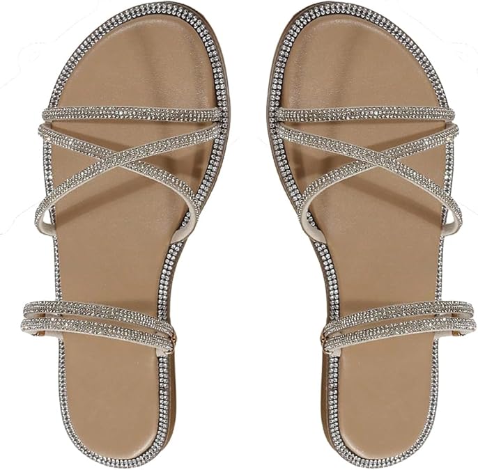 OYOANGLE Women's Rhinestone Strappy Open Toe Slide Sandals Slip on Casual Flat Sandals
